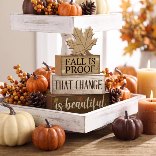 4 Pcs Fall Table Decoration for Home Wooden Neutral Maple Leaf (Fall is Proof That Change is Beautiful)