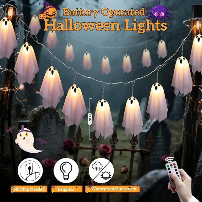 Halloween Ghost Decor - 10 LED Battery Operated Halloween Decorations Lights, 8 Modes Light Up Ghost Garland, LED String Lights Indoor Outdoor for Party, Haunted House, Fireplace, Porch, Window Decor