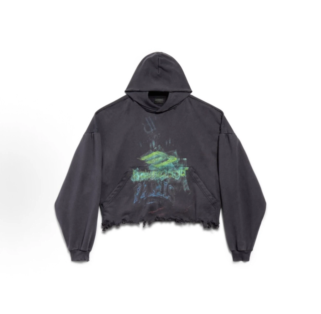 Balenciaga DIY Imprint Cropped Hoodie, Frayed Hem Distressed Black Halloween Streetwear Hoodie