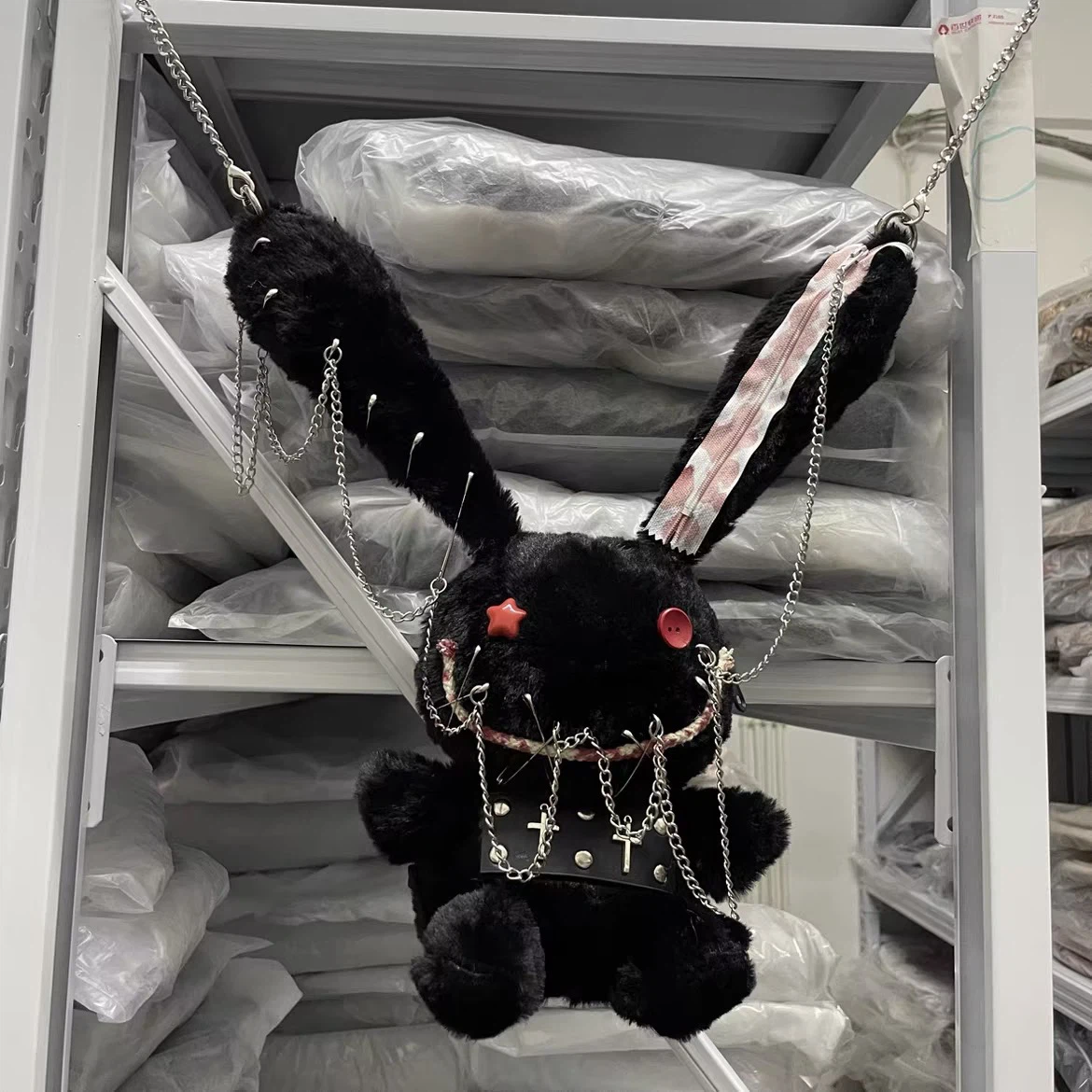 Gothic Black Bunny Plush Crossbody Bag, Punk Safety Pin Chain Rabbit Shoulder Purse