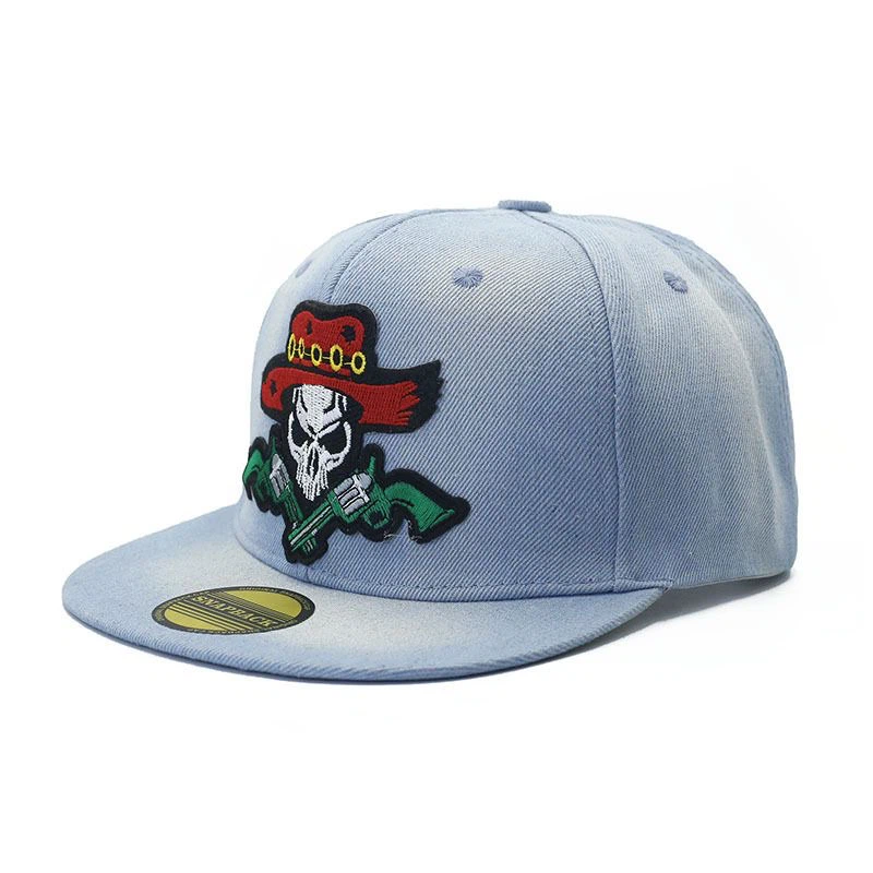 Cowboy Skull Cross Gun Embroidered Snapback Hat 3 Colors, Western Flat Brim Cap, One Size 56-58cm Head Circumference